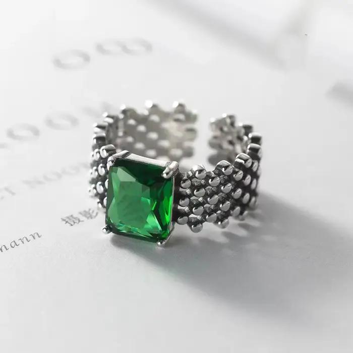 Bague en argent regardé 925 avec pierre verte unique pour femme, bijoux ouverts au doigt, bague vintage faite à la main, allergie pour fête, cadeau d'anniversaire