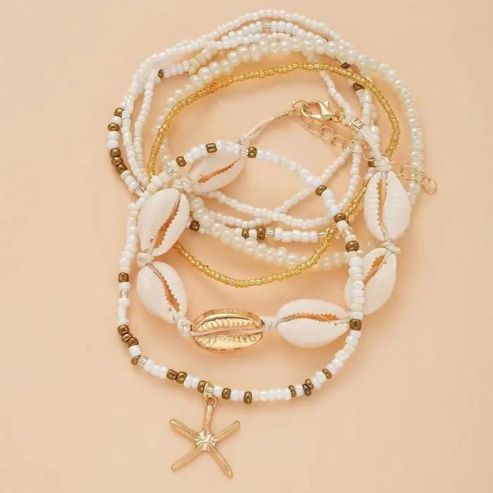 Ensemble de bracelets de cheville réglables en or plaqué avec motifs de coquilles de plage et étoiles de mer pour femmes occassions estivales et cadeaux