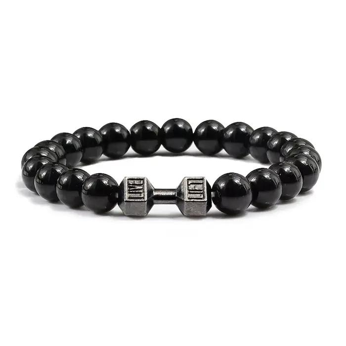 Bracelet en pierre volcanique naturelle pour hommes et femmes, noir mat, perles blanches, breloque,