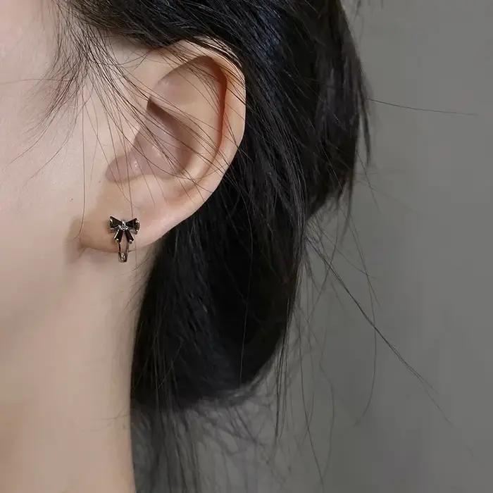 Boucles d'oreilles à nœud noir en argent Sterling 925 véritable pour femmes