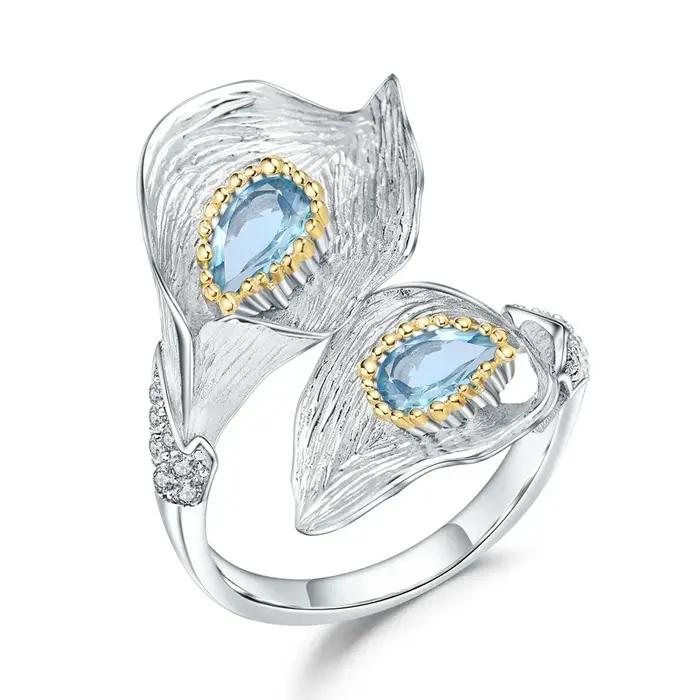 Bague ajustable en topaze bleue suisse naturelle avec zirconium pour femmes occasions spéciales vintage chic
