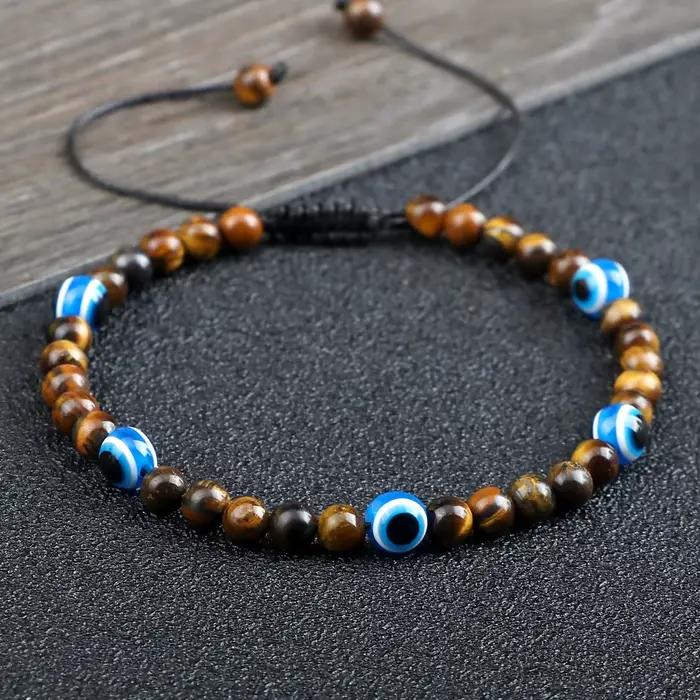Mode turc mauvais œil Bracelets 4mm noir pierre naturelle perles tressé à la main hommes obsidienne Bracelet bijoux Pulseras Homme