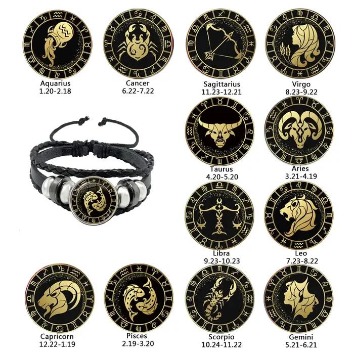 Bracelet des 12 Constellations Scorpion Sagittaire Capricorne Verseau Corde Noire Bouton en Cuir Bijoux du Zodiaque Cadeau Occasion Spéciale