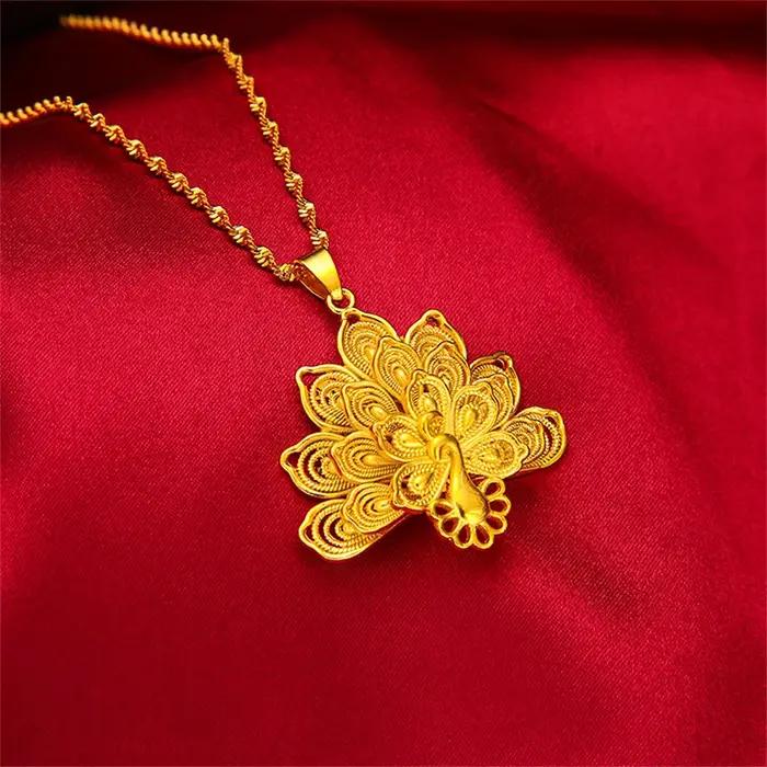 Colliers à breloques pour femmes plaqué or grand paon pendentif Collier