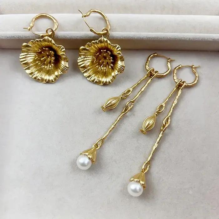 Boucles d'oreilles rétro asymétriques en forme de fleur de coquelicot pour femmes