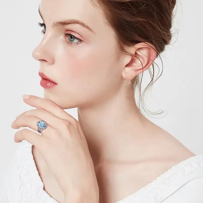 Bague classique vintage en argent 925 aigue-marine pour femme