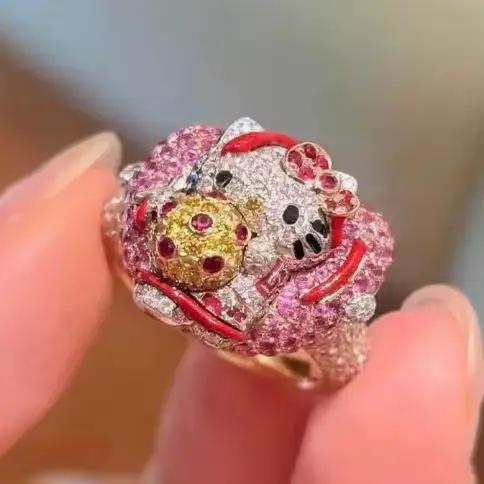 Bague tendance Kawaii avec visage de chat de dessin animé, pavée de cristaux, bijou fantaisie mignon