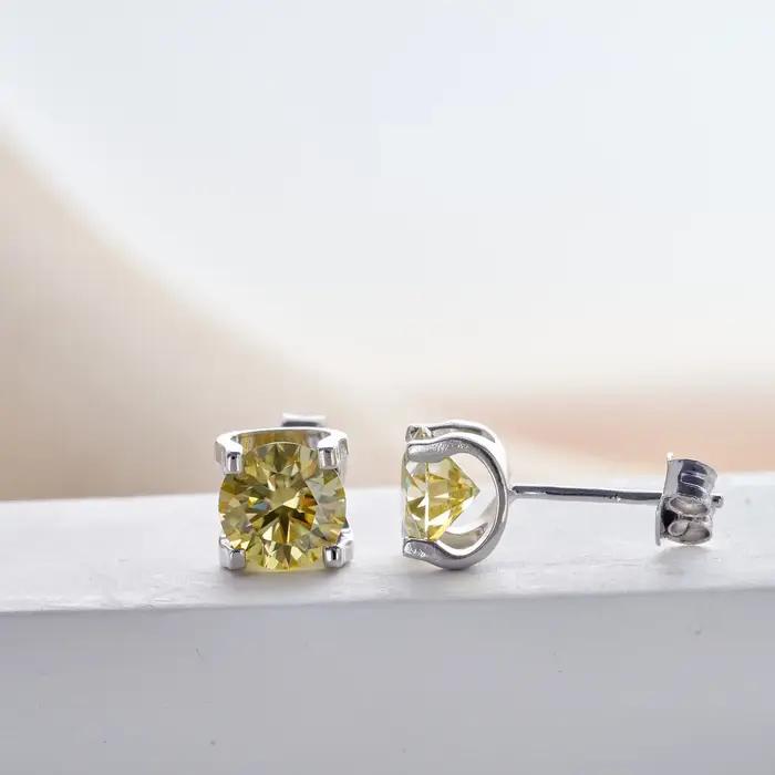 Boucles d'oreilles rondes en argent S925 avec moissanite jaune citron