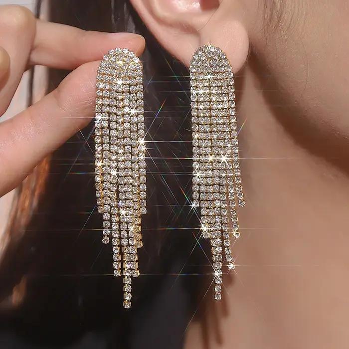 FYUAN mode longue gland boucles d'oreilles pour femmes noir or argent couleur strass balancent boucl