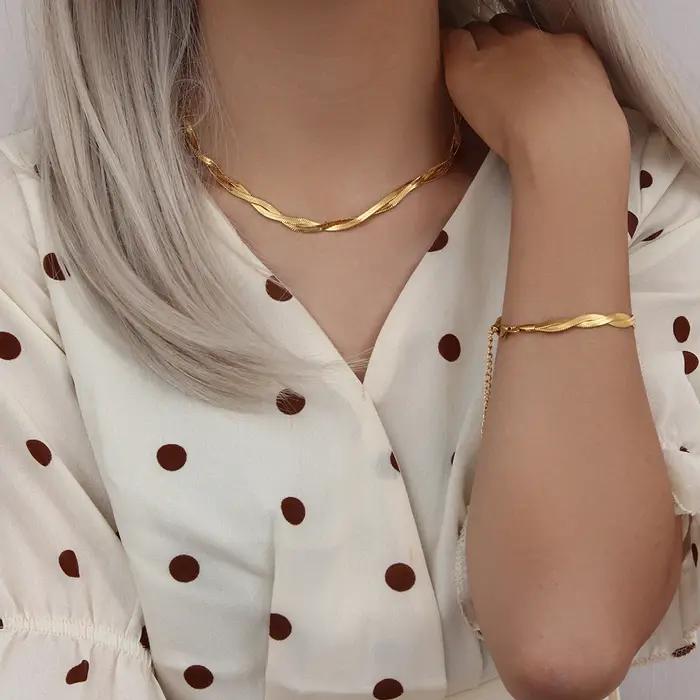 E.B.belle – ensemble de bracelets et colliers en chaîne à chevrons tressées imperméables plaqués or