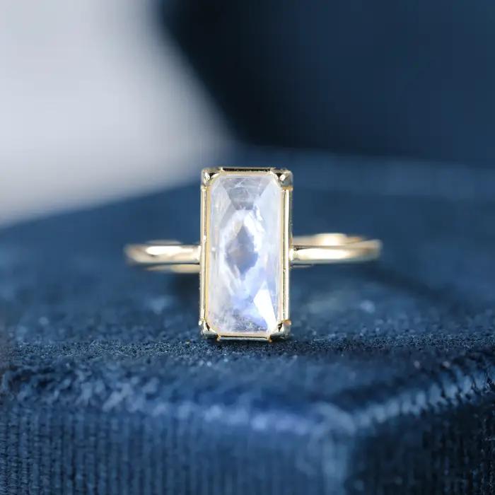 Bague Solitaire de fiançailles en pierre de lune naturelle, coupe Baguette, bracelet en argent Sterl