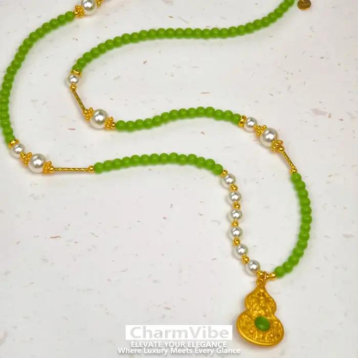 Nouveau collier en pierre verte pour femmes, pendentif gourde dorée, collier de perles, bijoux bohèm
