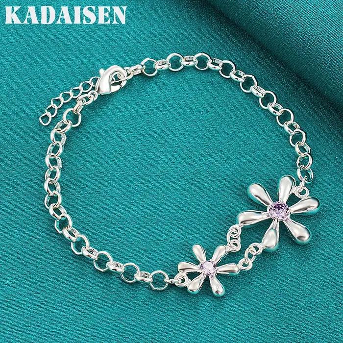 Bracelet en argent Sterling 925 avec double fleur en Zircon pour femmes