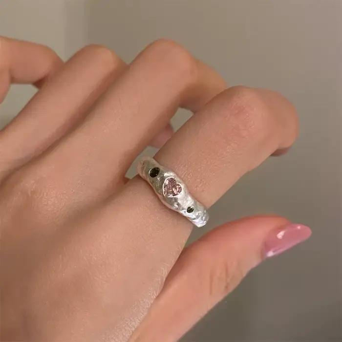 Bague en argent sterling 925 avec cristal rose ajustable en forme de cœur pour femmes romantiques et douces occasions spéciales et quotidiennes