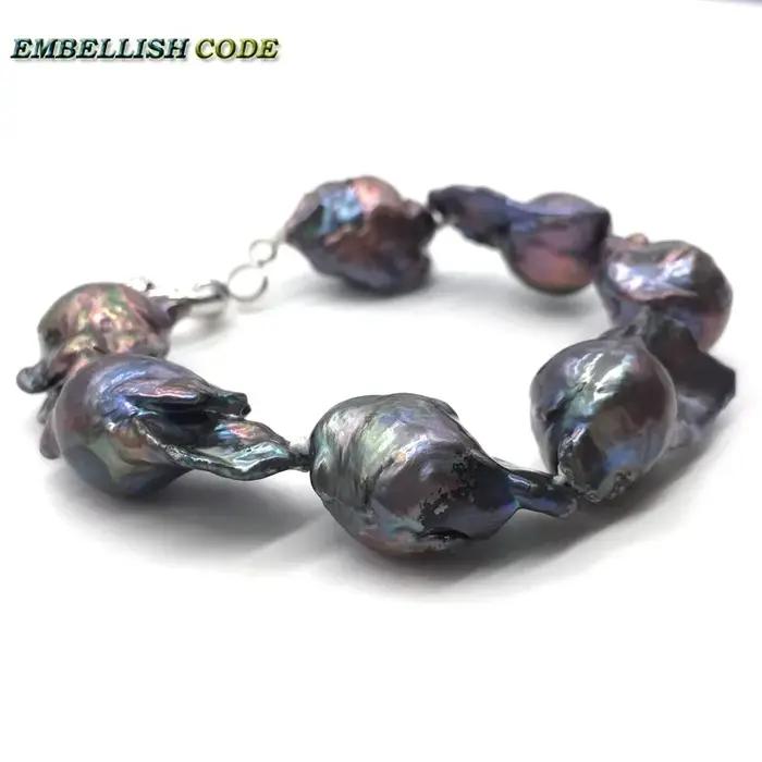 Bracelet de Perles Baroques d'Eau Douce Noires et Bleues pour Fête Femme Occasions Spéciales