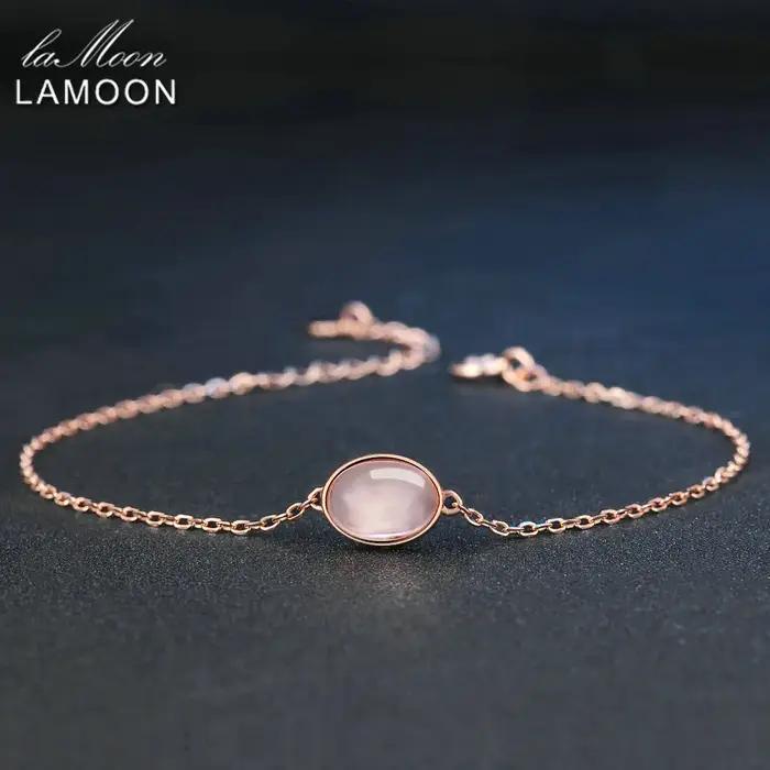 LAMOON-Bracelet Quartz Rose pour Femme, Pierre Précieuse, Argent 925, Plaqué Or Rose 18K, Bijoux Fins, Style Simple, LMHI023