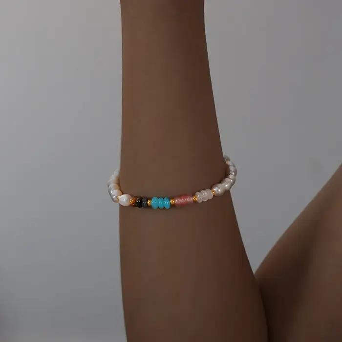 Collier et bracelet en perles d'eau douce et pierres naturelles style bohème pour femme, perles en a