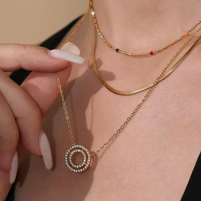 Collier et Bracelet exquis pour femmes, cercle rond en Zircon, acier inoxydable plaqué or, chaîne étanche, breloque, bijoux de luxe, cadeau