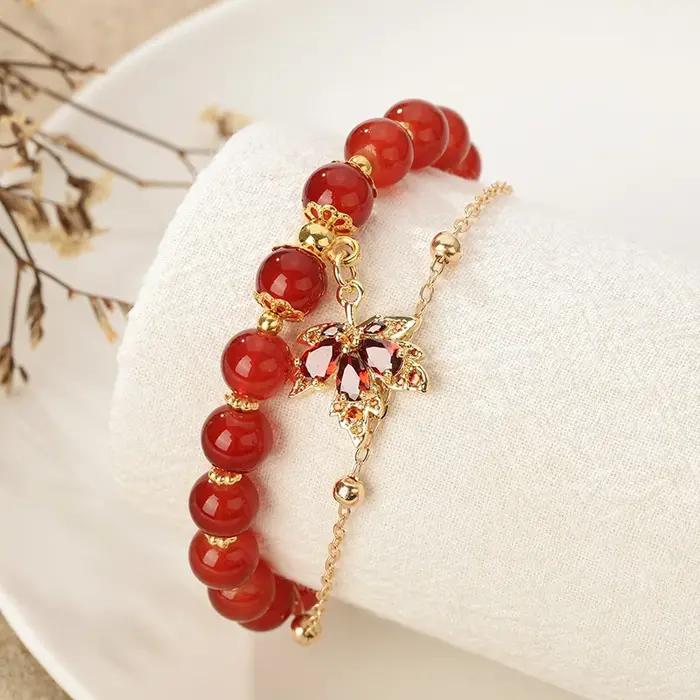 Bracelet rétro en perles de cristal rouge pour femmes