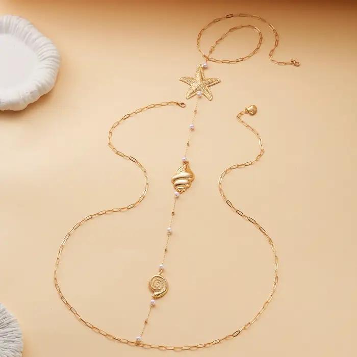 Collier long sexy sans dos avec pampilles pour femme, chaîne dorée étoile de mer coquillage coquille Saint-Jacques bijoux de fête et de vacances