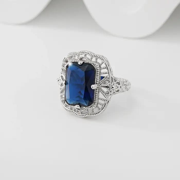 Bague en Argent Sterling 925 Sertie de Saphir Bleu Élégante pour Occasions Spéciales Femme Bijoux Vintage Filigrane