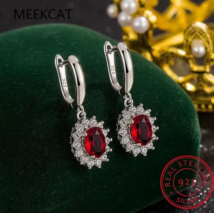 Boucles d'oreilles ovales en argent Sterling 925, rubis rouge créé de 1,9 ct, princesse Diana, bijou