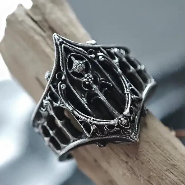 Bagues de château de couronne en Relief ajouré, couleur argent antique, personnalité rétro, pour femmes et hommes, bijoux gothiques à la mode d'halloween