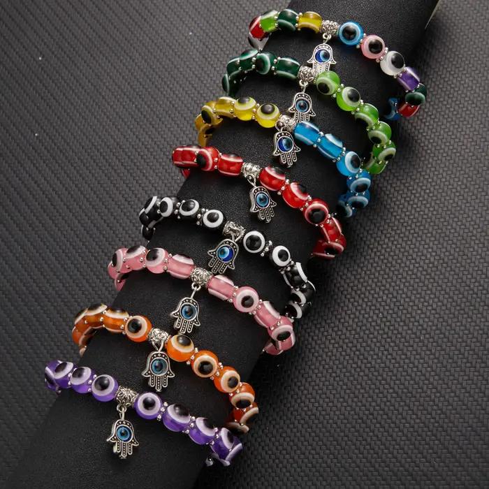 Bracelet mauvais œil bleu main de Fatima dinde mille yeux souhait fait