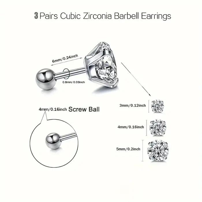 3 paires de boucles d'oreilles à tige en zircone cubique