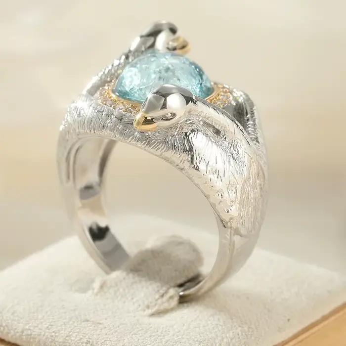 Bague Cygne Faite à la Main Élégante et Étincelante avec Zirconium Synthétique Bleu Incrusté pour Femme, Bijou de Luxe Délicat pour Banquet et Anniversaire