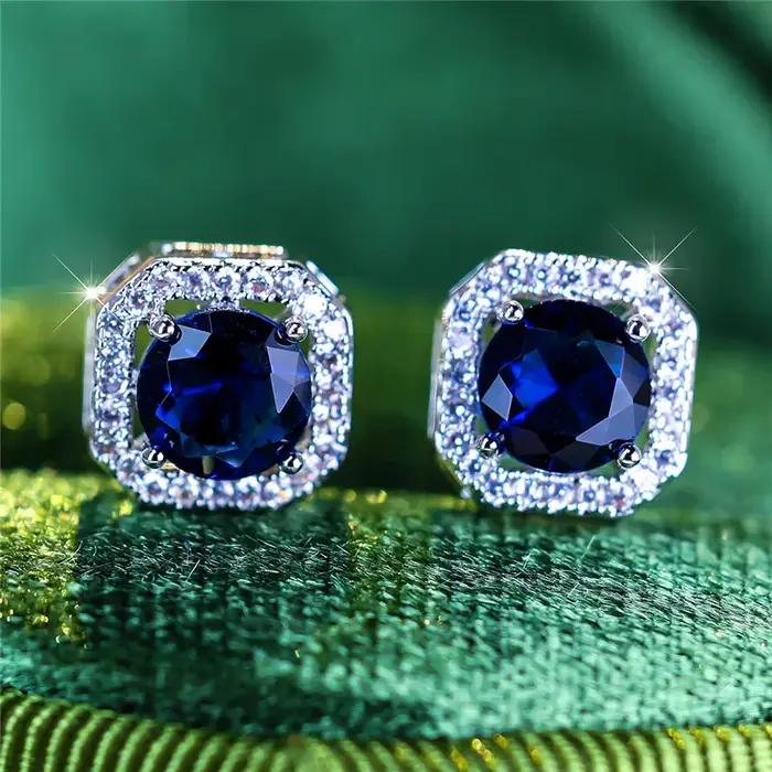 Boucles d'oreilles Boho rondes bleues en pierre de Zircon pour femmes