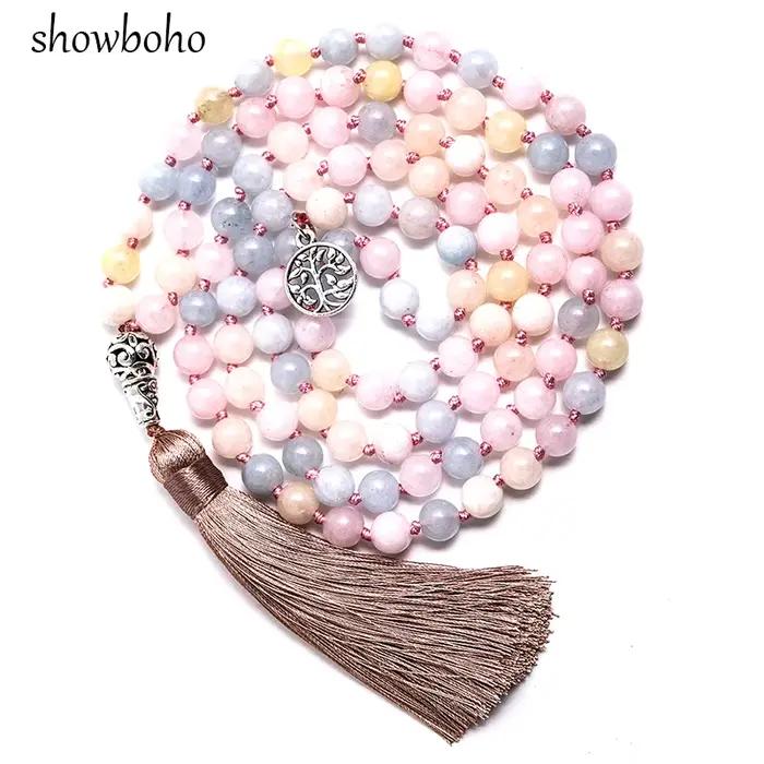Collier Mala 108 perles de Morganite 8 mm nouées, pour la méditation, le yoga, la bénédiction, bijou