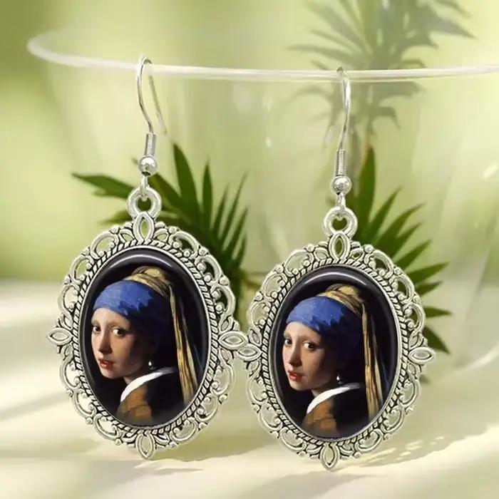 Boucles d'oreilles Vintage Vermeer Girl With A Pearl Earring, en verre, bijoux ovales à suspendre po