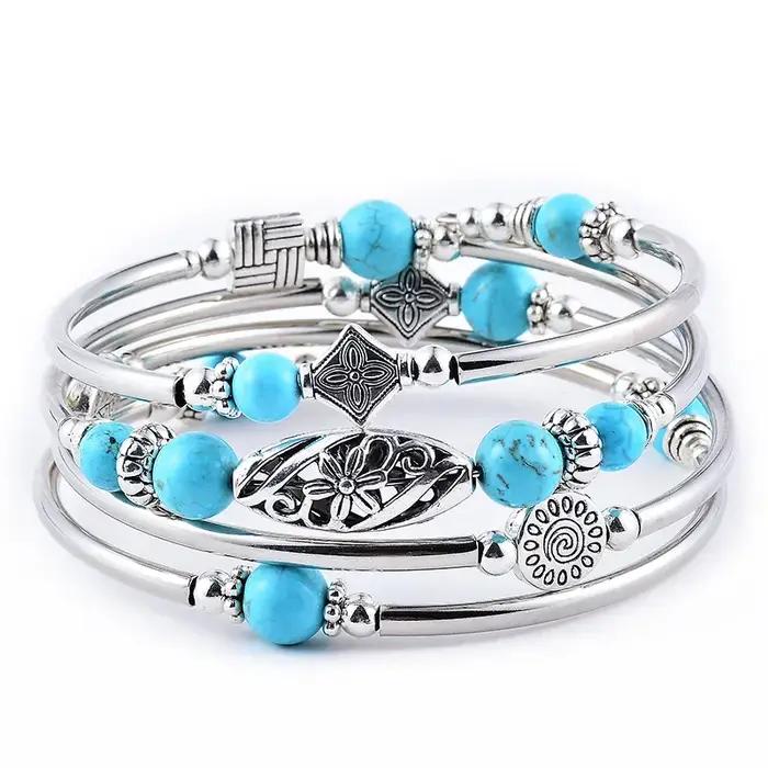 Bracelet rond superposé avec pierre d'agate naturelle, bracelet turquoise, bracelet de perles, cadea
