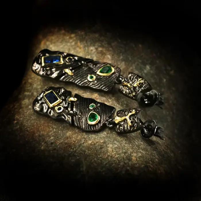 Boucles d'oreilles géométriques irrégulières bicolores pour femmes, Style ethnique exquis, or noir, argent 925, bijoux italiens faits à la main, fantaisie