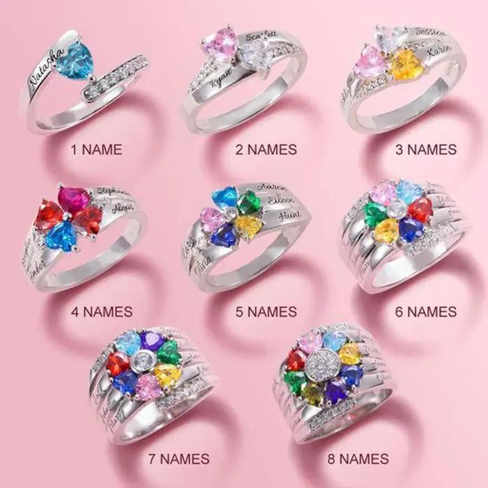 Bague Personnalisée en Pierre de Naissance et Zircone Cubique pour Mères et Grand-Mères, avec Gravure de Nom, Bijou Finition Cœur pour Femmes Occasions Spéciales