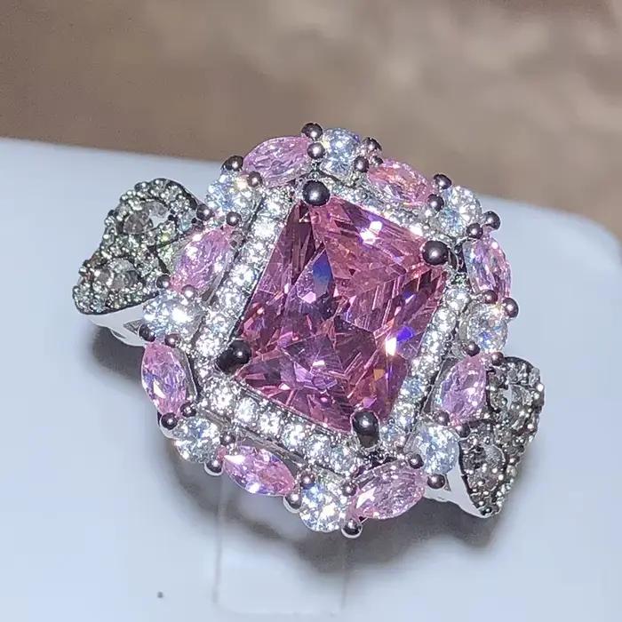 Bague carrée en Zircon rose scintillant pour femme