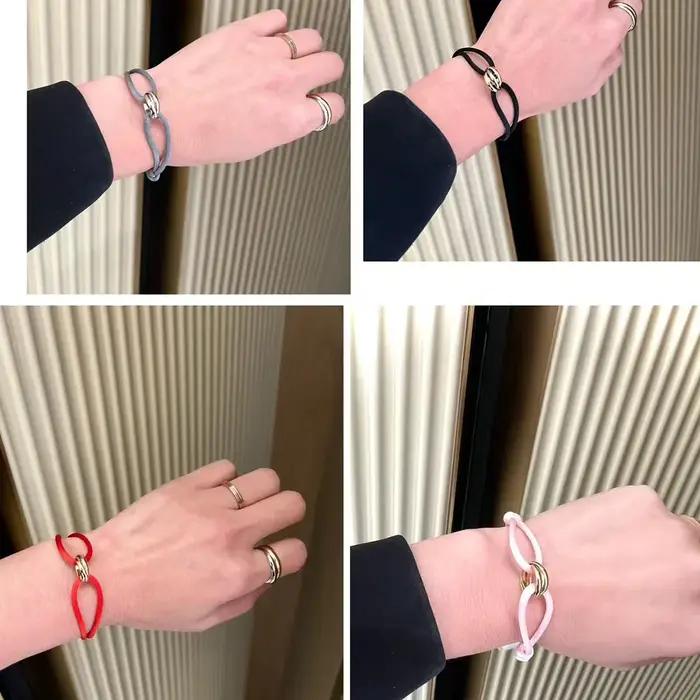 Bracelet de couple en argent 925 à trois anneaux et croix tricolore. Un cadeau de Noël avec couleurs et tailles réglables. N'effaçera jamais son empreinte. Non allergique