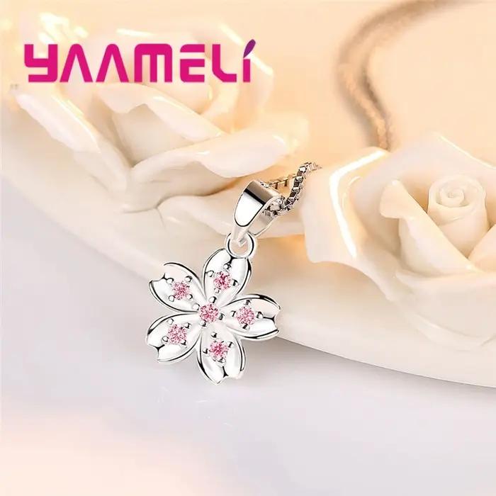 Joli bijoux en argent Sterling 925 Kawaii Sakura fleurs rose zircon cubique charmant pendentif collier avec chaînes