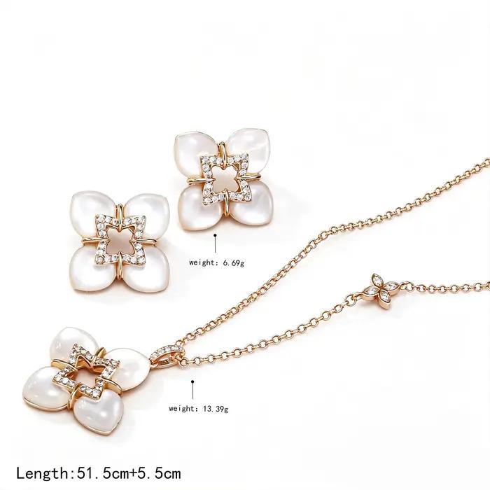 Elegant Four-Leaf Clover Mother of Pearl CZ Necklace & Earring Set Rose Gold Plated Stackable Jewelry for Women Daily Wear Datin