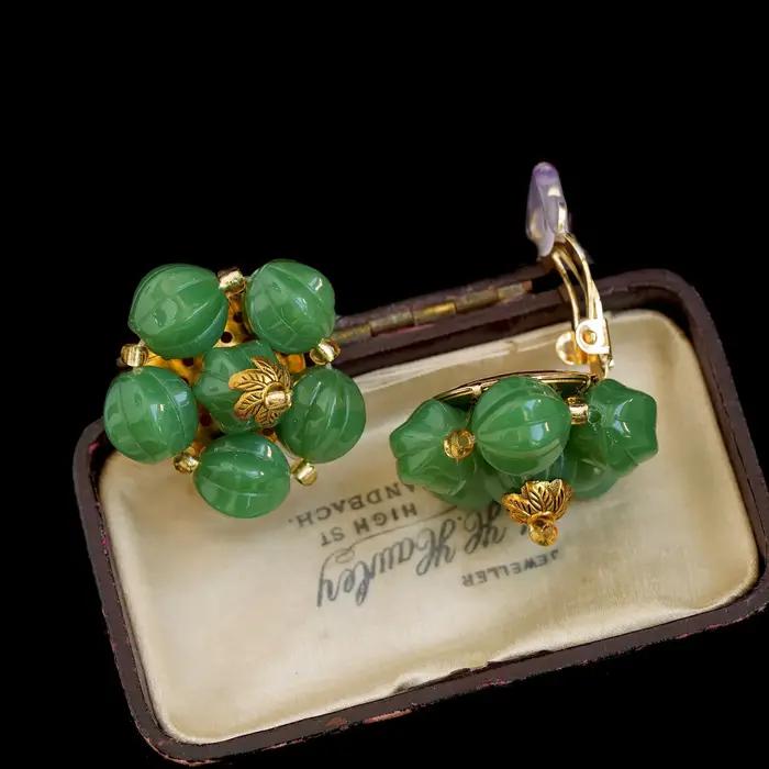 Collier et boucles d'oreilles Hippocampus double couche en agate verte, pierre naturelle, design de