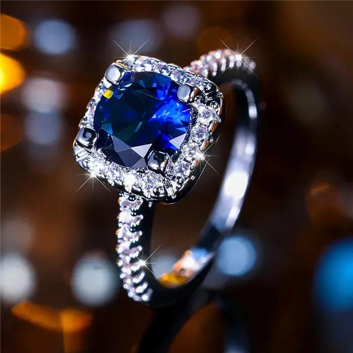 Bague de luxe en pierre de Zircon ronde bleue pour femme