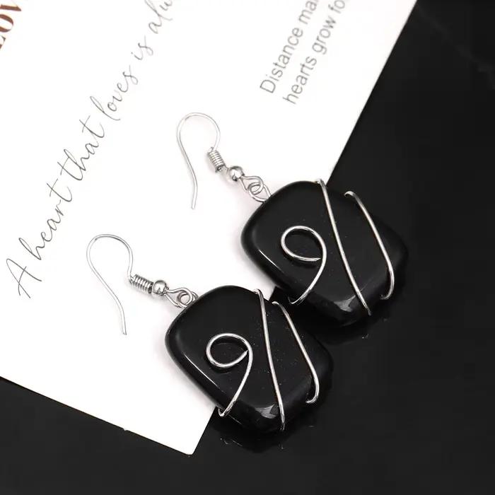 Boucles d'oreilles carrées en soie, Jade naturel, améthyste, cristal blanc, obsidienne, cadeau, bijoux pour femmes, Boucles d'oreilles en pierre naturelle
