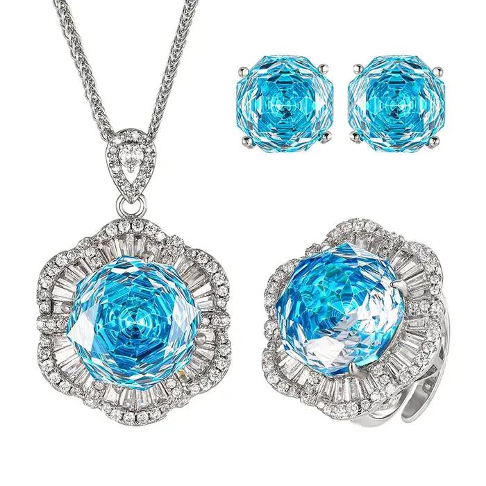 Collier fleur de camélia cristal bleu violet rose réglable bague plaqué or rose bijoux élégants pour femmes occasions spéciales