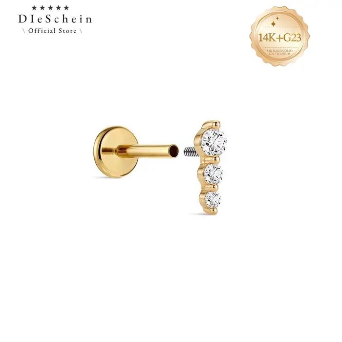 DIeSchein Boucles d'oreilles clous à dos plat en or massif 14K pour femme, délicates et minimalistes, avec trois cristaux et zircone cubique (CZ) à dos plat