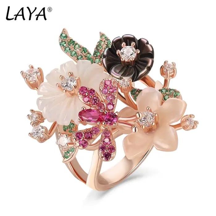 Bague d'humeur en argent sterling 925 sertie de zircon naturels et motifs floraux coquille pour femmes occasions spéciales ethnique moderne