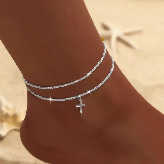 Bracelet de cheville Simple et brillant pour femmes, pendentif croix, couleur argent, bijoux élégants, Bracelet de plage, cadeaux sur pied