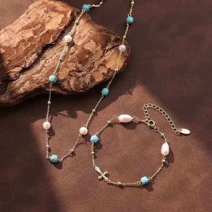 Collier en argent sterling 925 avec pierre turquoise et perles blanches pour femmes occasions spéciales bijoux bohémiens cadeaux elegance style moderne