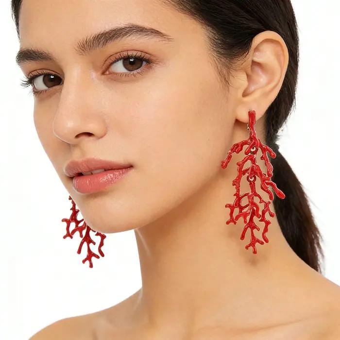 Boucles d'Oreilles Exquises en Émail Rouge et Corail pour Femmes Style Océan et Bohème Occasions Spéciales