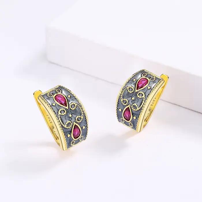 Boucles d'Oreilles Incrustées d'Or en Argent Sterling 925 Émail Bicolore Rouge Classiques pour Femmes Occasions Spéciales
